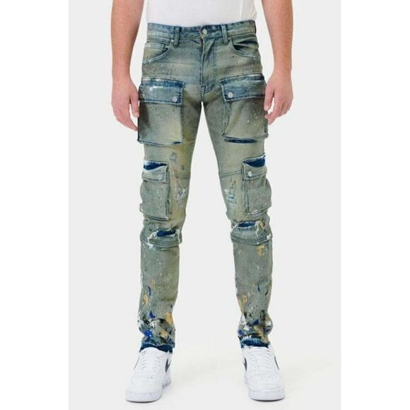 NWT Limited Edition First Row Mens Multi Cargo Slim Straight Jeans Sz 40 - Picture 1 of 12